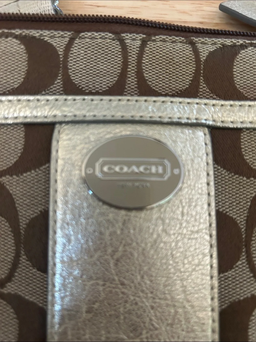 Coach Brown Signature Crossbody with Metallic Gold Stripe